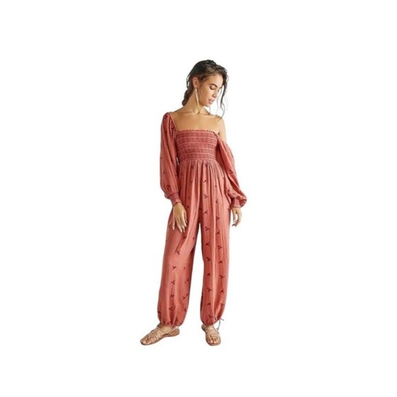 FREE PEOPLE Dahlia Embroidered Jumpsuit Womens S Warmstone Floral Smocked NEW - Picture 1 of 7